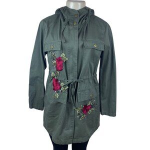 Active Usa Asymmetrical Floral Embroidered Womens Green  Hooded Jacket Sz S